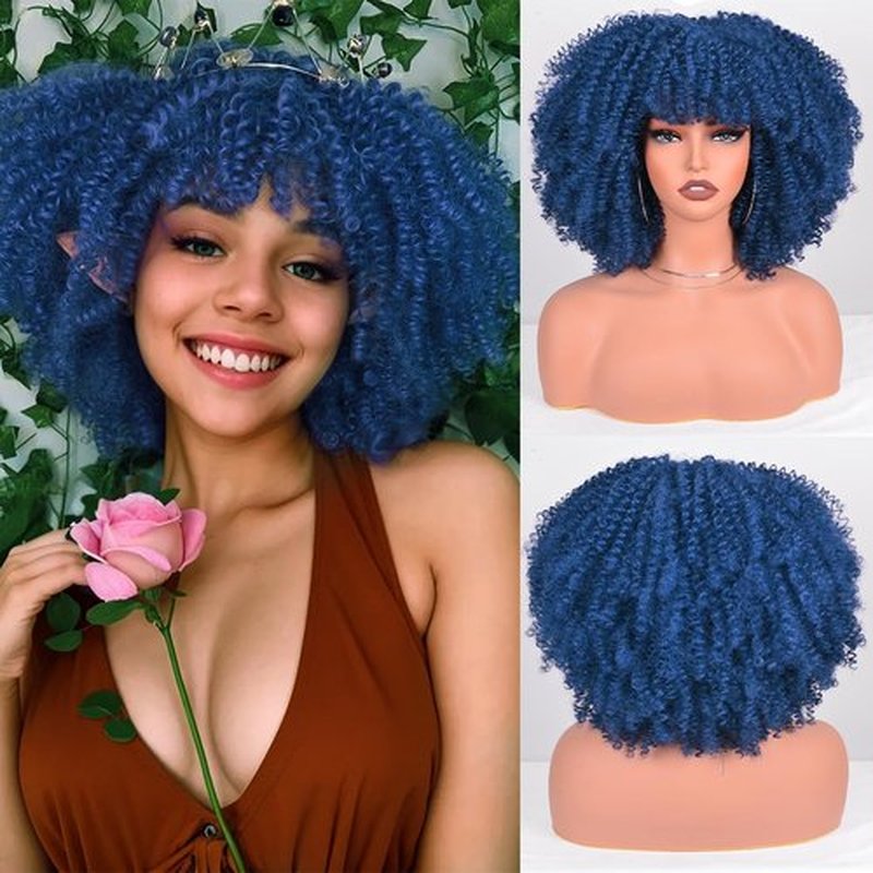 Vitorish Afro Curly Wigs for Black Women Afro Bomb Kinky Curly Wig with Bangs 12 Inches about 280g Fluffy and Soft Glueless Synthetic Hair Wig (Dark Blue)