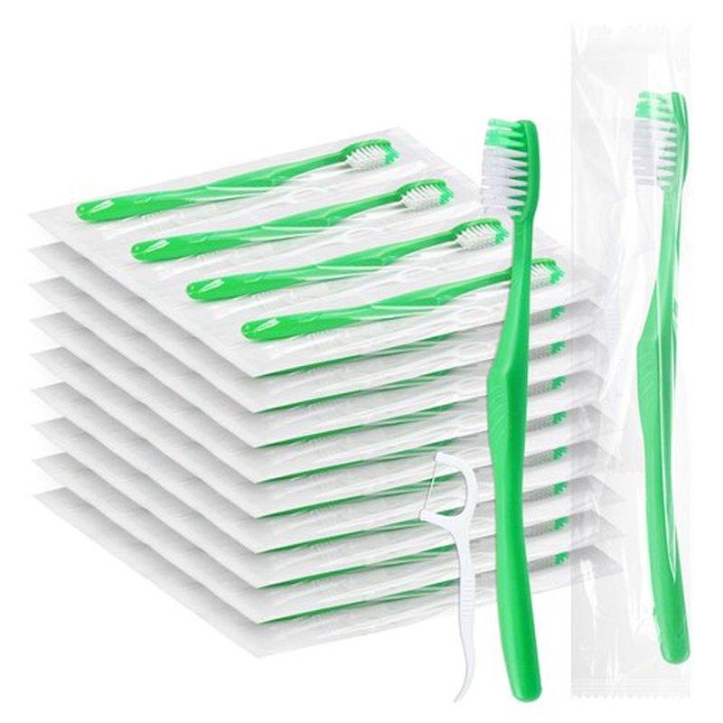 HAIFOTRVA 30 Packs Disposable Toothbrushes with Floss,Green Single Use Individually Wrapped Disposable Travel Toothbrushes and Dental Floss Kit Bulk for Homeless,Airbnb,Hotel,Dentist (30)