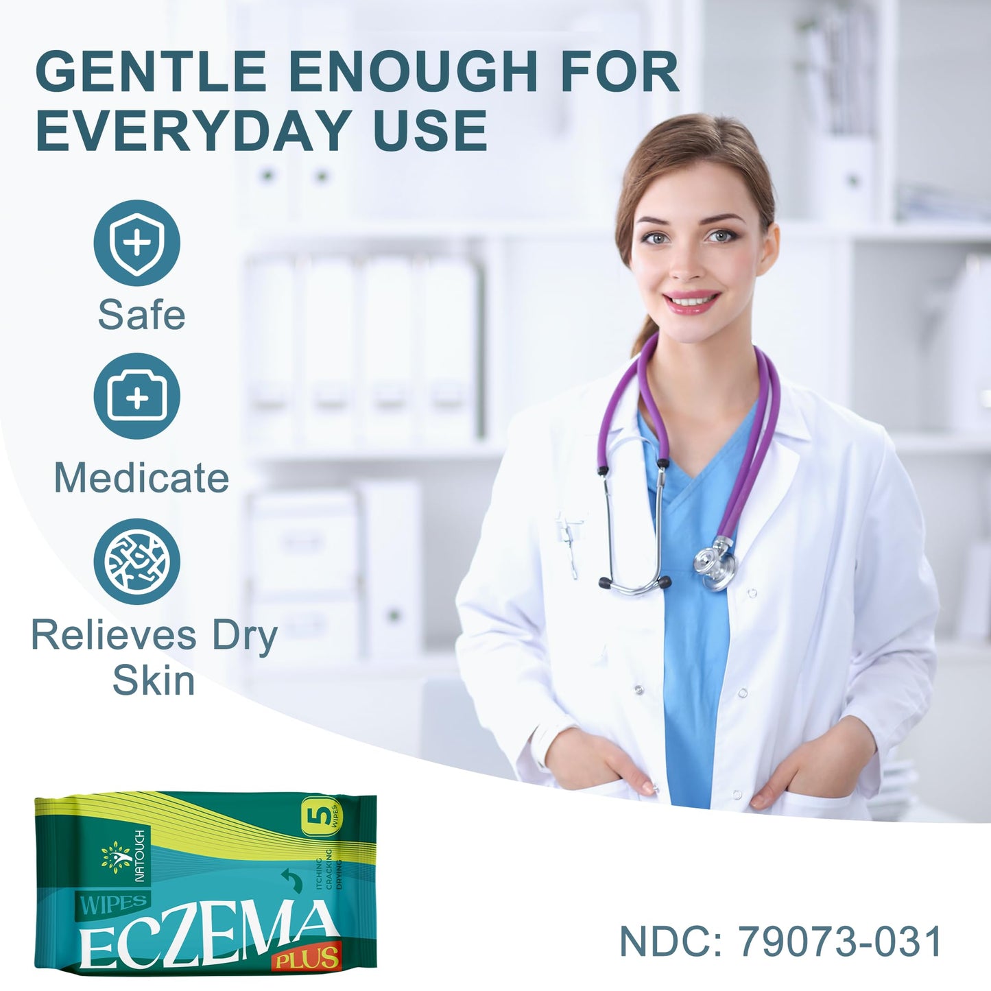 NATOUCH Eczema Wipes All-Natural Fast Acting Eczema Relief, Instantly Soothes & Cools Itching, cracking, and drying, Skin Protectant Organic Wipes