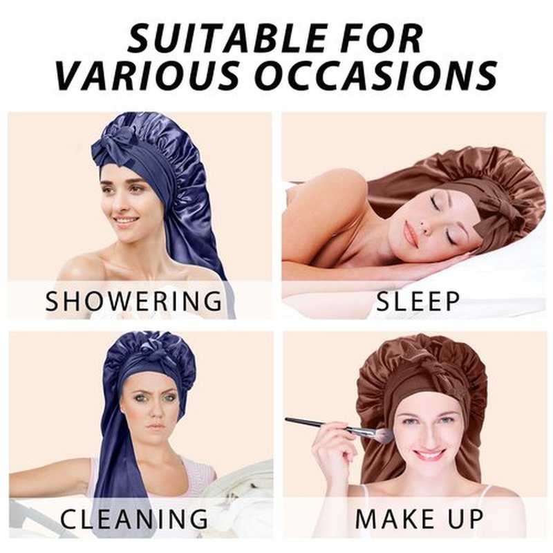 2Pack Bonnets for Black Women Braid Bonnet, Large Long Bonnet Satin Bonnet for Braids,Black Women Silk Bonnet with Stretchy Tie Band Braid Bonnet for Sleeping Extra Long (Brown & Dark Blue) Purple