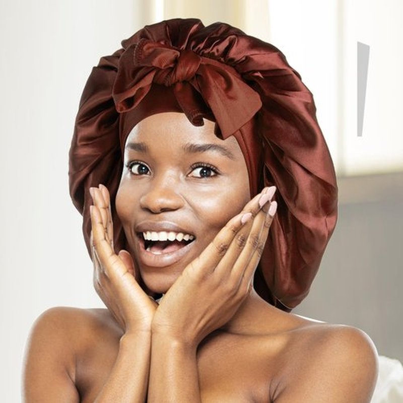 Arqumi Satin Silk Bonnet for Sleeping Women - 2 Pcs Large Long Strap Tie Band Adjustable Sleep Night Shower Cap Hair Bonnet Wrap for Men Reusable, Pink+ Brown