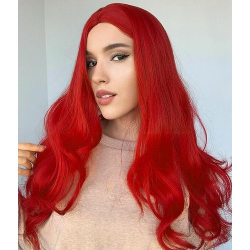 Fancy Hair Long Red Wavy Wigs for Women Curly Middle Part Red Wig Natural Looking Synthetic Heat Resistant Fiber Wigs Hair for Daily Party Use (Bright Red)