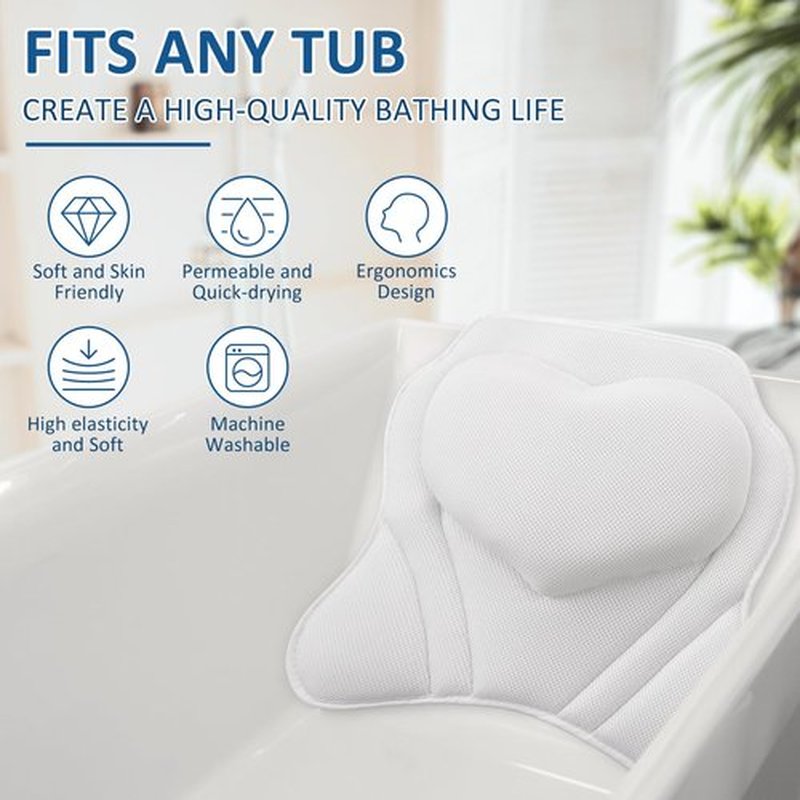 LuxStep Bath Pillow-Bathtub Pillow with Air Mesh Fabric & 6 Non-Slip Suction Cups, Bath Pillows for Tub Head, Neck and Back Support, Bath Accessories Spa Gifts, White