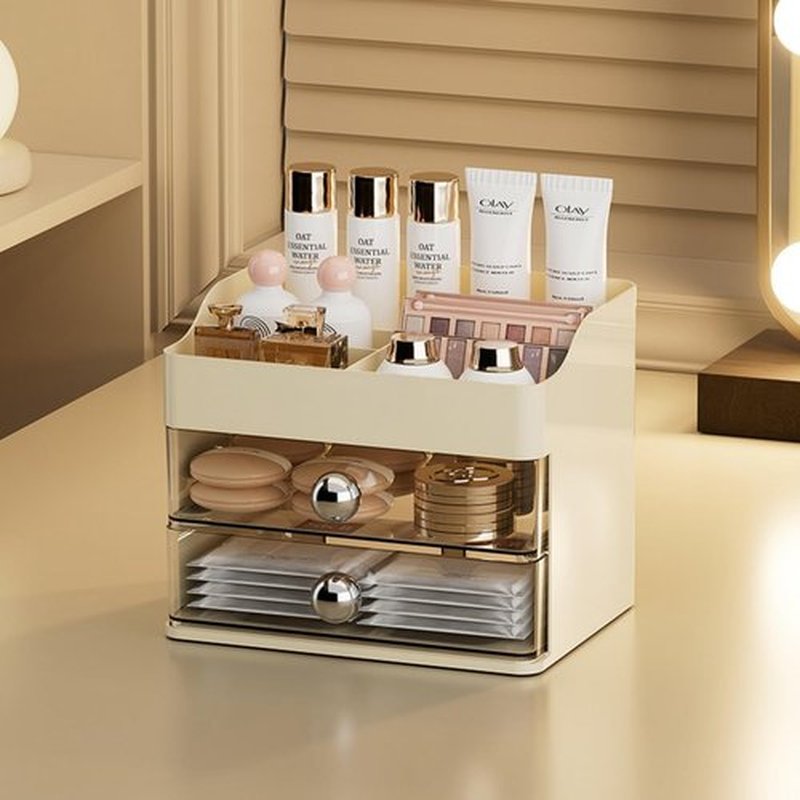 Makeup Organizer for Vanity,Vanity Organizer with 2 Drawers,Makeup&skincare Organizers Countertop,Cosmetic Display Case,Vanity Storage Box(Cream)