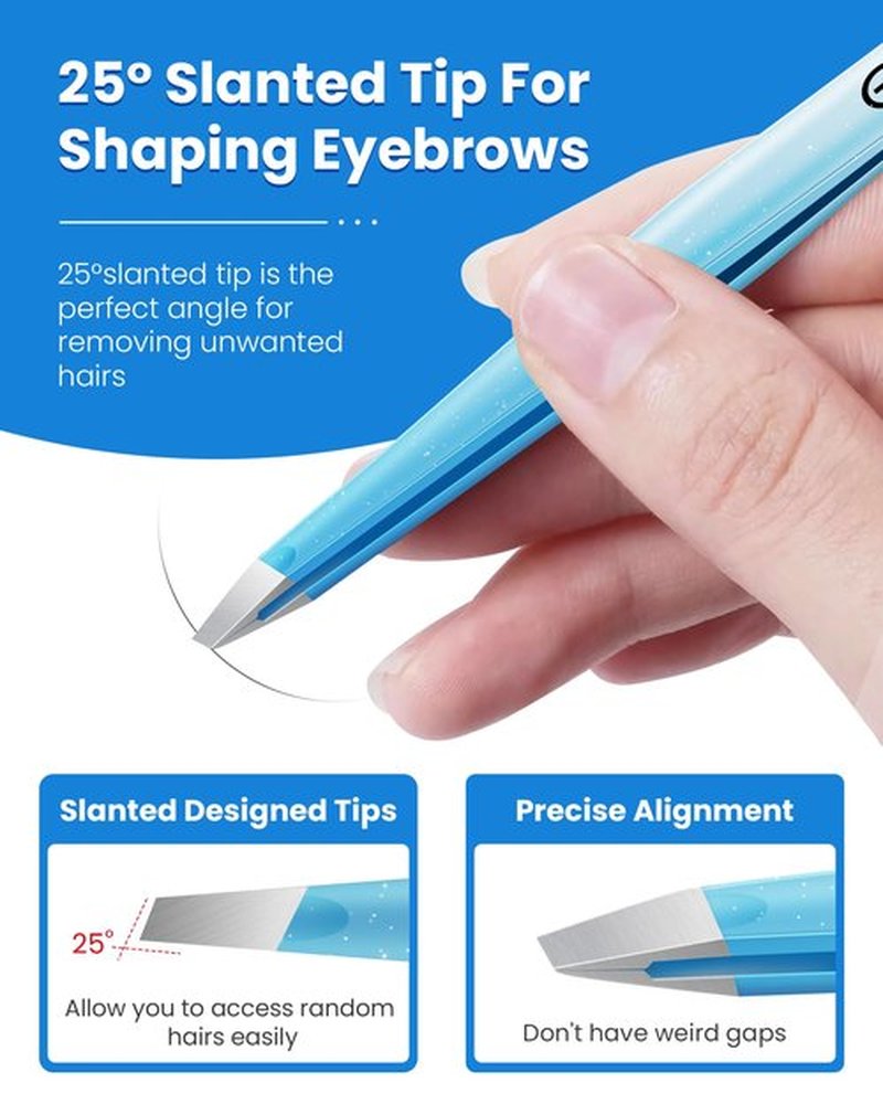 Expert Slant Tip Tweezers with Leather Case, GlamTweeler Sharp & Precision Stainless Steel Tweezer for Eyebrows, Facial Hair and Fine Hairs Removal (Sparkle Blue & Silver)