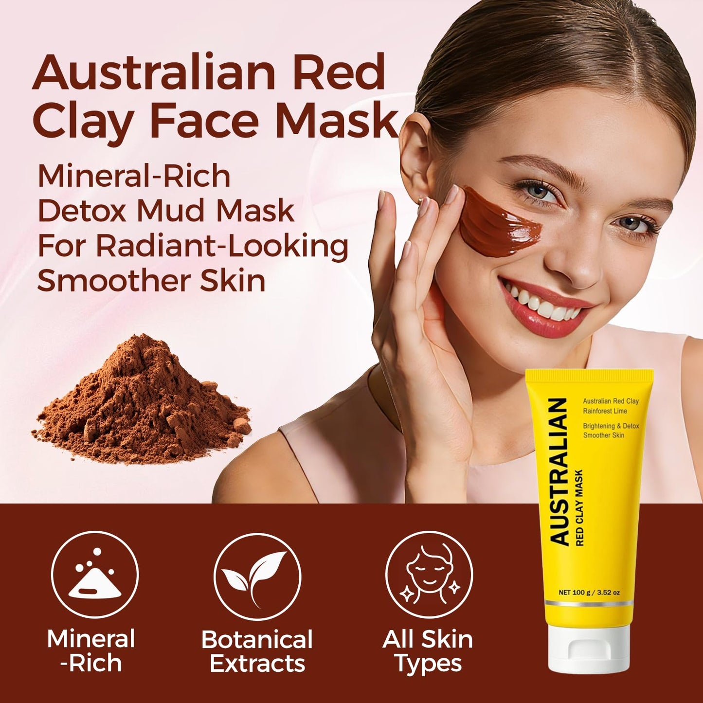 BIWQTY Australian Red Clay Face Mask, Mineral-Rich Detox Mud Mask with Kakadu Plum & Desert and Rainforest Lime Extracts, Gentle Exfoliation, For All Skin Types, 3.52 oz / 100 mL (1 pack)