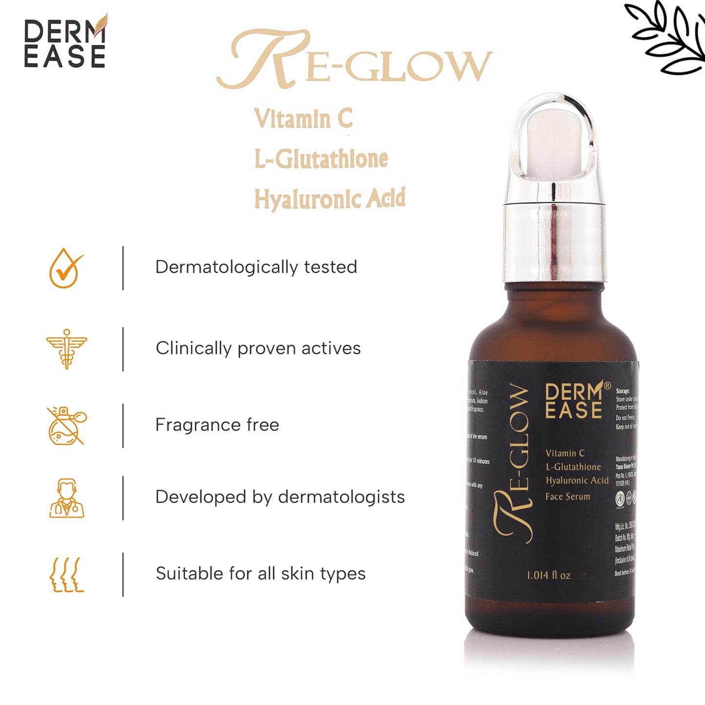 Derm Ease Re Glow Face Serum for Wrinkles | with Vitamin C & L Glutathione Face Serum | Blemishes, Sunburn and Glowing Skin | All Skin Types (1.014 fl oz) Pack of 1
