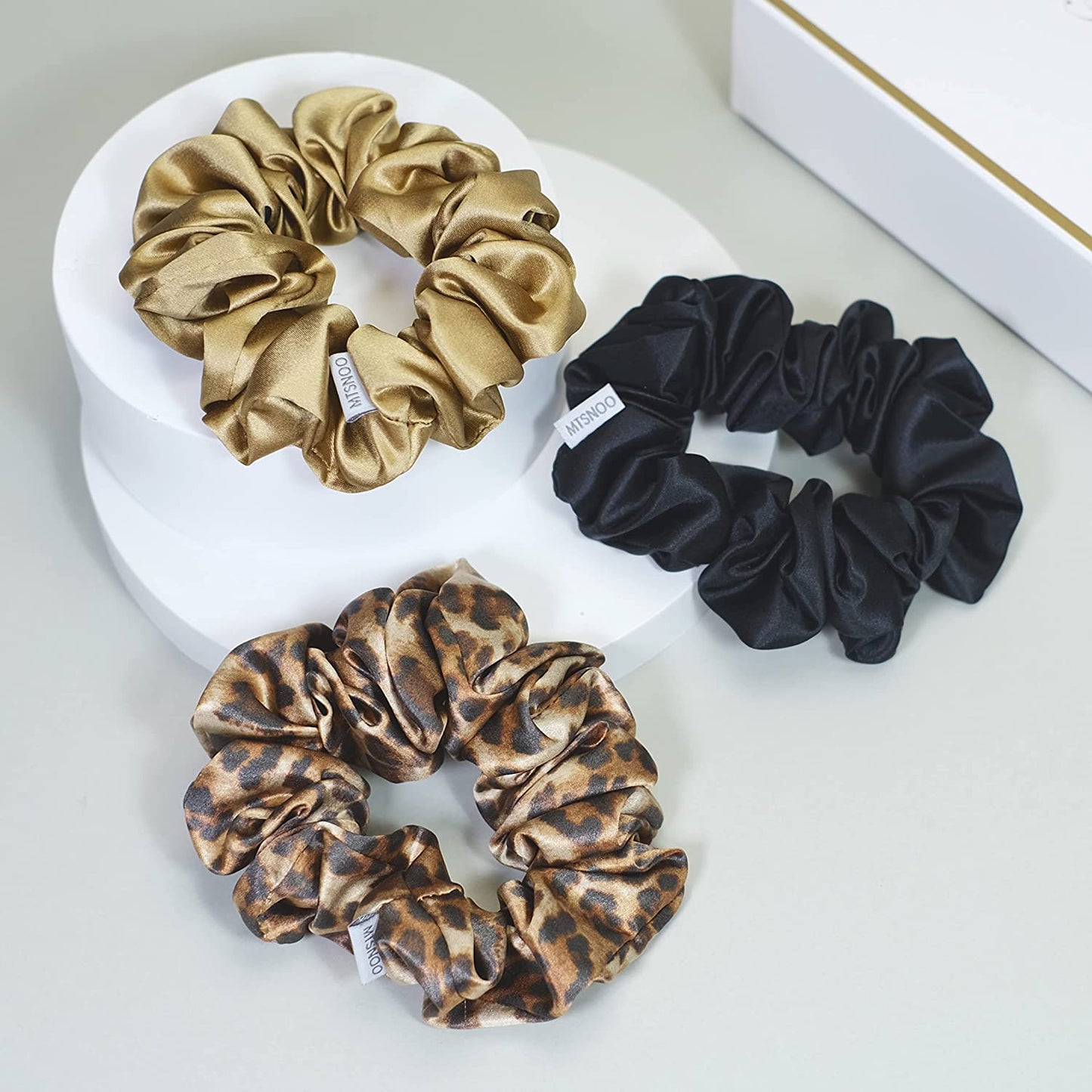 MTSNOO 100% Pure 22 Momme Mulberry Silk Scrunchies for Hair Sleep with Elastic Band - 3 Pack Curly Hair Ties Ropes Set for Women and Girls