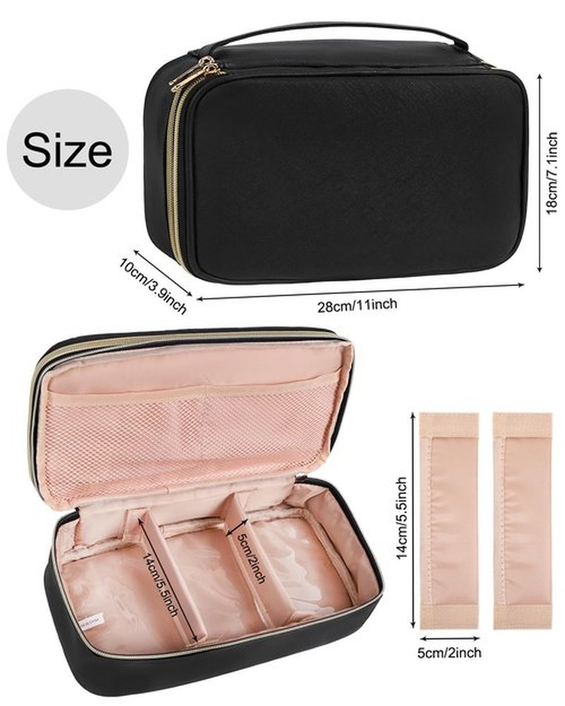 Relavel Large Makeup Bag, Cosmetic Bag with Dividers, 2 Layer Travel Makeup Organizer for Women, Black Makeup Purse Pouch with Brush Holder, Compact Capacity Handbag for Daily Use (Black)