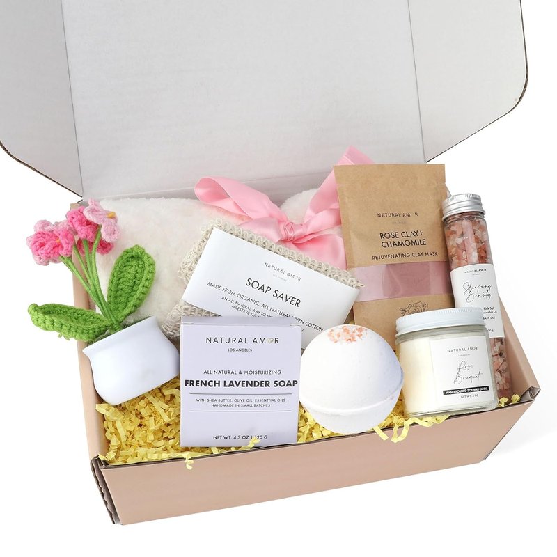 Spa Gift Set - 8-Piece Self-Care Box with Rose Clay Mask, Bath Bomb, Goat Milk Soap & Candle | Pink Ribbon Blanket
