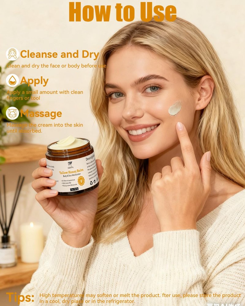 Beef Tallow Skin Moisturizer | Whipped Tallow & Honey Balm for Body & Face - 2oz, Natural Grass-Fed Formula
