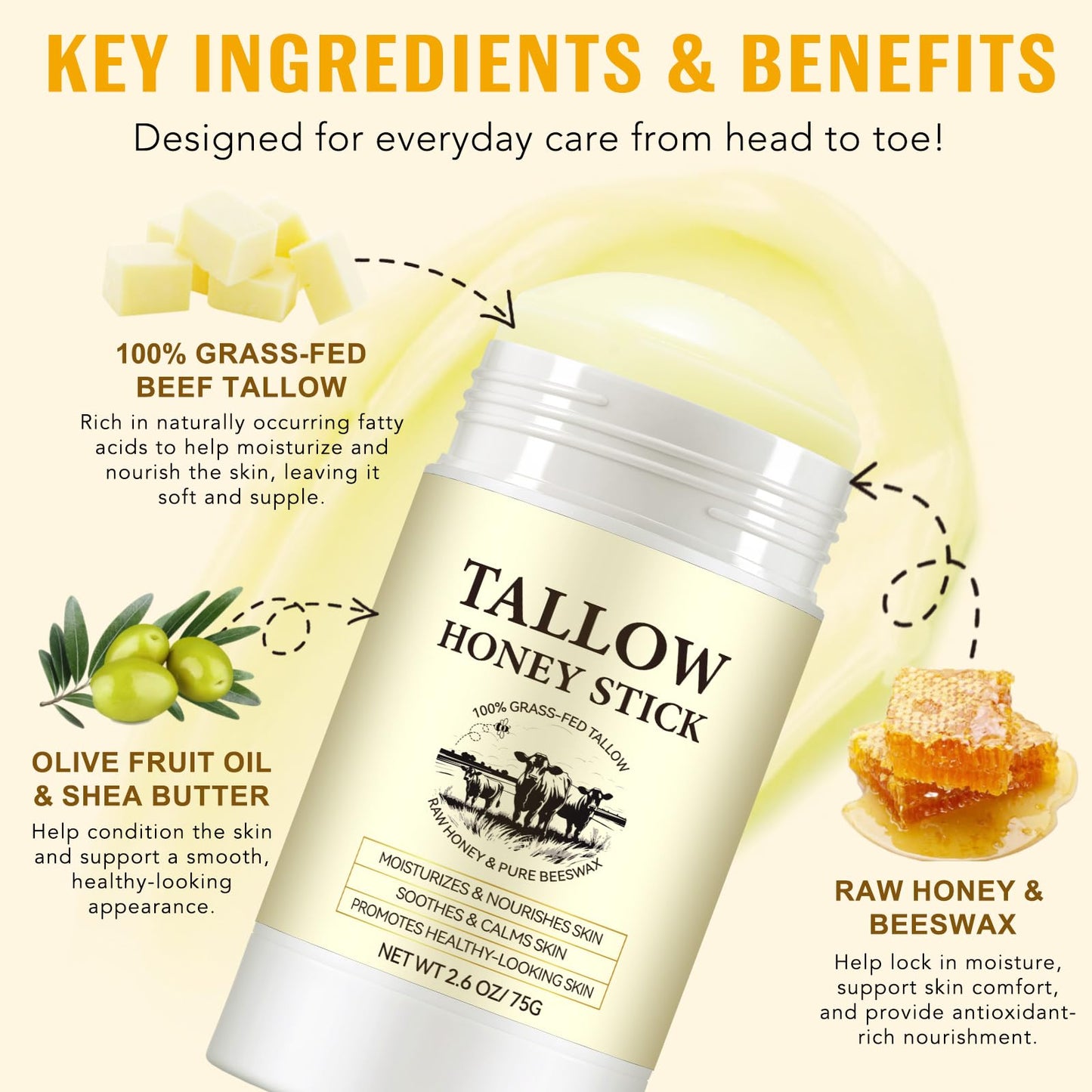 Honey Tallow Balm - 100% Grass-fed Tallow | Beef Tallow Face Cream Rich in Natural vitamins A, D, E, K, Omega Fatty Acids | Tallow Honey Balm with Shea Butter&Olive Oil | Beef Tallow Face Cream - 75G