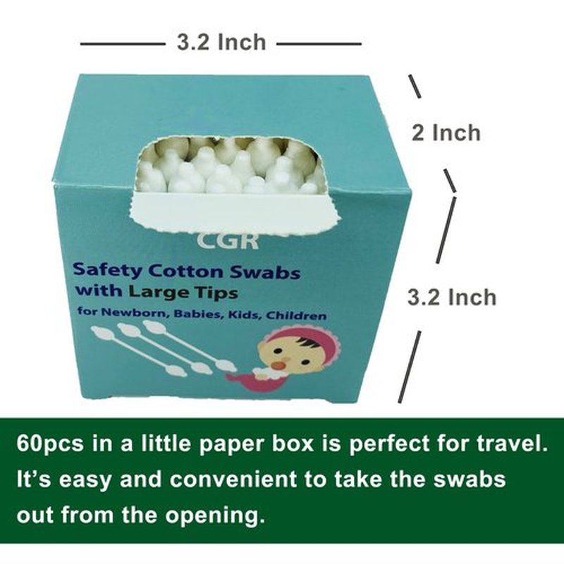 300pcs CGR Baby Safety Cotton Swabs with Large Tips for Newborn, Babies, Kids, Children, 100% Organic Cotton, White Paper Sticks, 5 Pack of 60 Swabs Total(5 Paper Boxes)