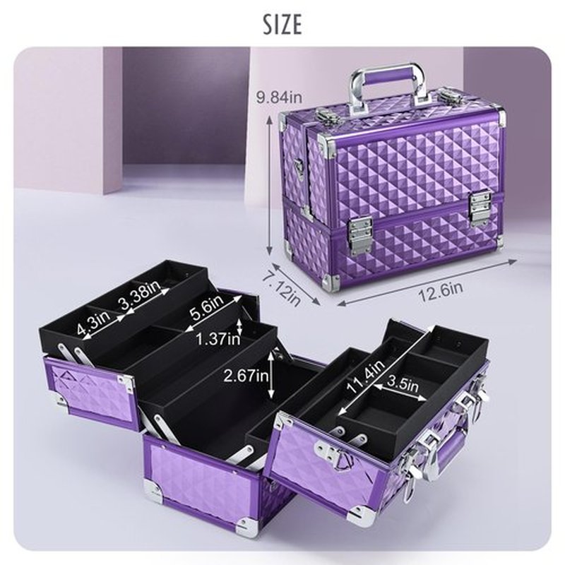 FRENESSA Extra Large Makeup Organizer Case Cosmetic Train Case 6 Trays Large Bottom with Shoulder Strap Travel Makeup Case for Makeup Artist, Cosmetology, Nail Tech Kits Makeup Box Storage Purple