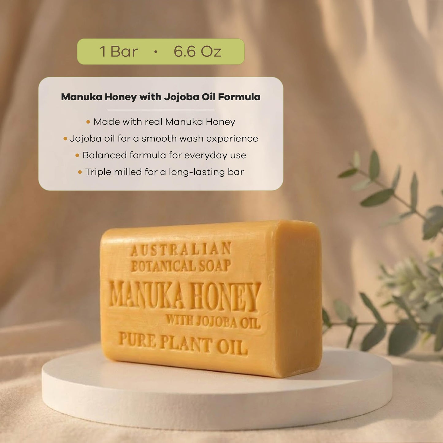 Australian Botanical Soap Manuka Honey with Jojoba Oil 6.6 oz Luxury Soap Bars Enriched with Shea Butter, Pack of 1