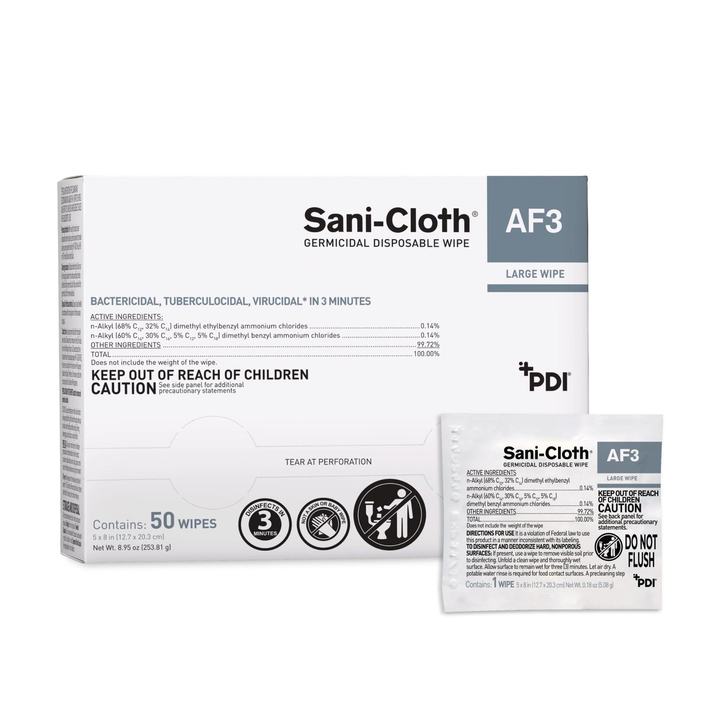 Sani-Cloth AF3 Large 5" x 8" Individual Packets, Alcohol and Fragrance Free Surface Disinfection, 1 Box of 50 Packets