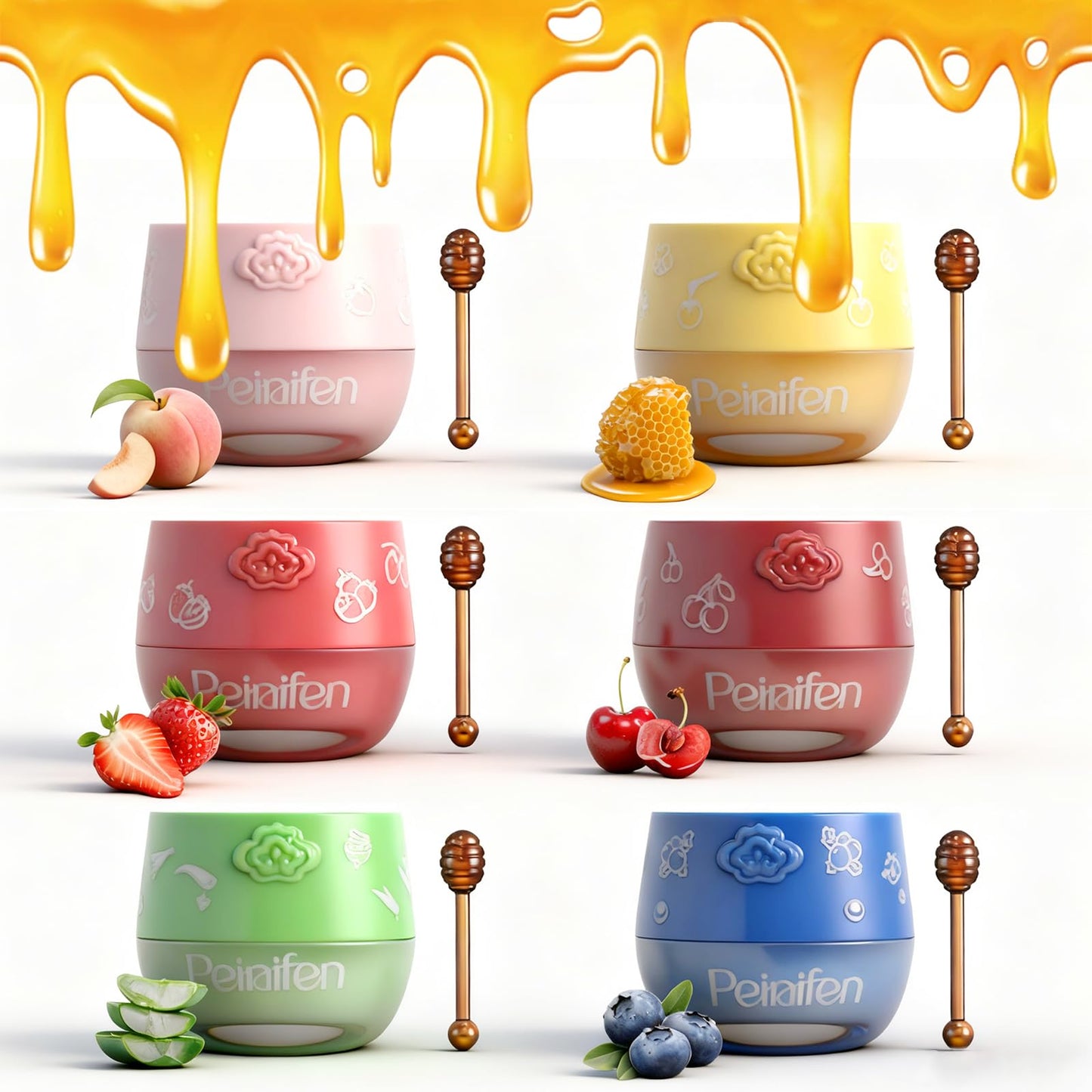 6PCS Bee Lip Balm Honey Pot, Fruit Moisturizing Propolis Lip Mask, Lip Mask Overnight Propolis Moisturizing Lip Balm Hydrating Prevention Dry and Crack Lip Scrubs Exfoliator Lip Care Products