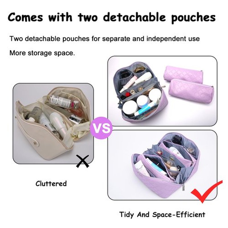 Travel Makeup Bags Cosmetic Organizer Bag: 3-Set Large Capacity Make up Bag - PU Leather Toiletry Bag for Women - Wide Open Portable Pouch with Divider & Handle (07-Purple-1)