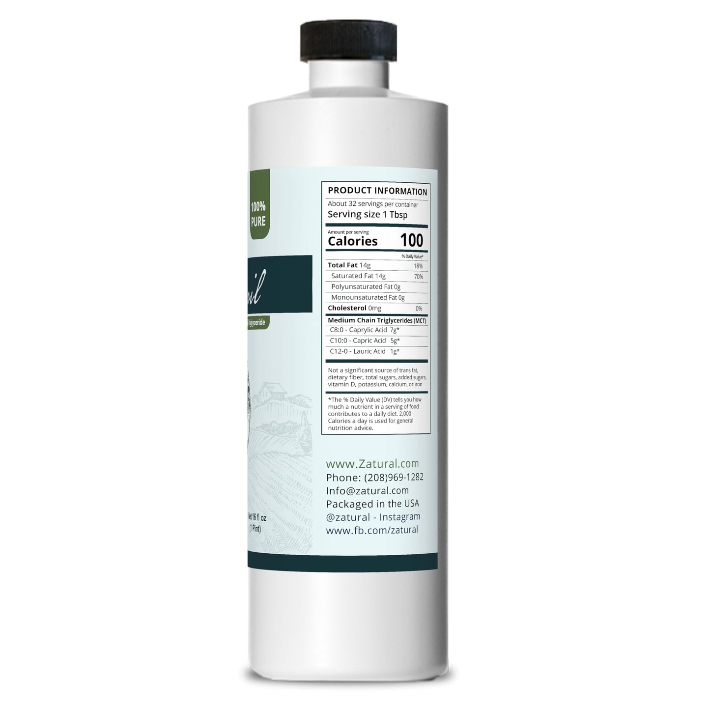 Pure MCT Oil, Carrier, Massage, Hydrating, Hair, Food, and Therapeutic Grade, 16 Oz