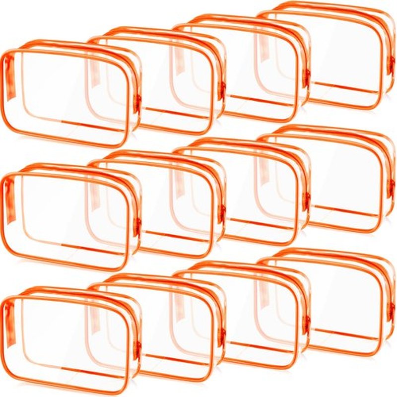 Weewooday 12 Pieces Clear Cosmetics Bag PVC Zippered Clear Toiletry Carry Pouch Cosmetic Makeup Bag Waterproof Makeup Bag Vinyl Plastic Organizer Case for Vacation Bathroom(Medium,Orange)
