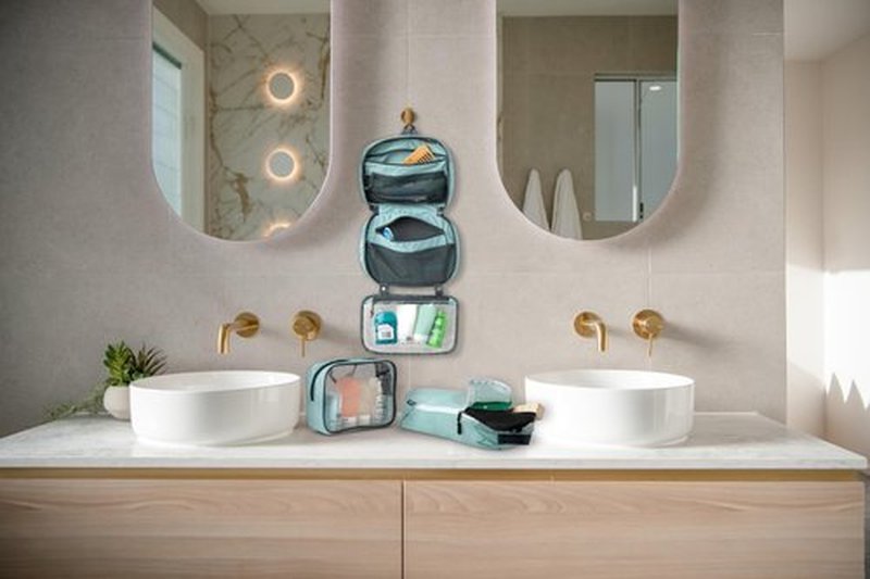 Toiletry Bag Kit Set: Hanging Travel Toiletry Bag + Makeup Bag with Brush Holder + Ultralight Accessory Organizer Pouch (Dusty Teal Makeup)