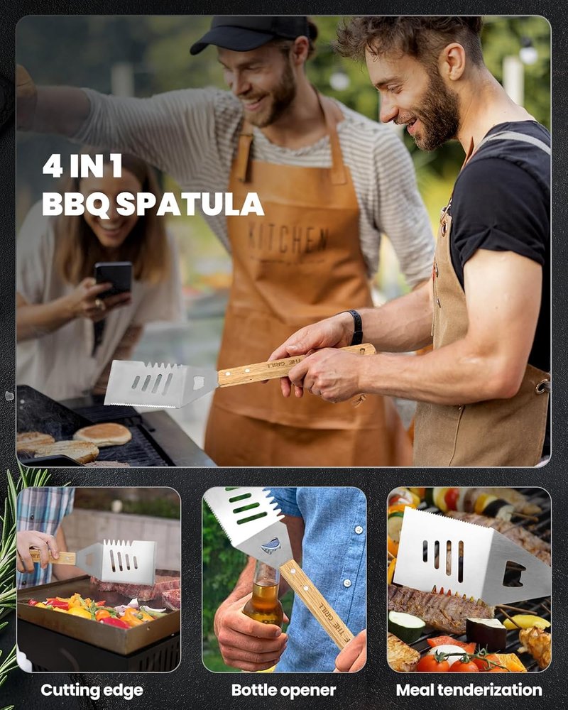 BBQ Grilling Accessories Set - 4PCS Stainless Steel Tools with Tongs, Fork, Spatula & Brush | Perfect Gift for Men