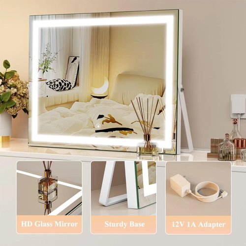 Gvnkvn Ligheted Vanity Mirror with Lights, 14" x 12" LED Makeup Mirror, 3 Modes Light, Smart Touch Control Dimmable, 360°Rotation, Rectangle White Frame