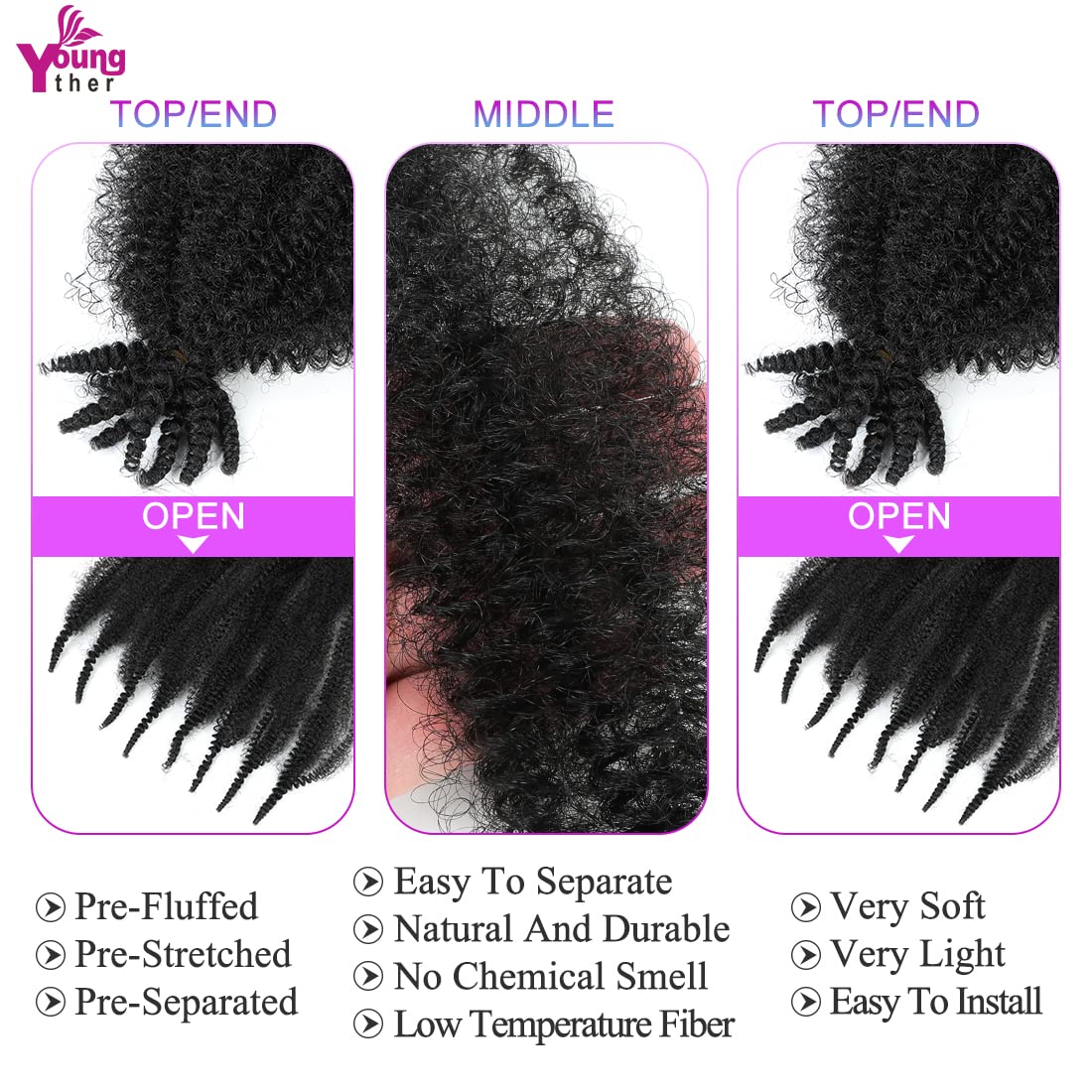 Youngther 36 inch Pre Separated Springy Afro Twist Hair 4 Packs Soft Spring Twist Hair For Marly Braiding Hair Synthetic Crochet Hair Extensions for Black Women(36 inch #1B)
