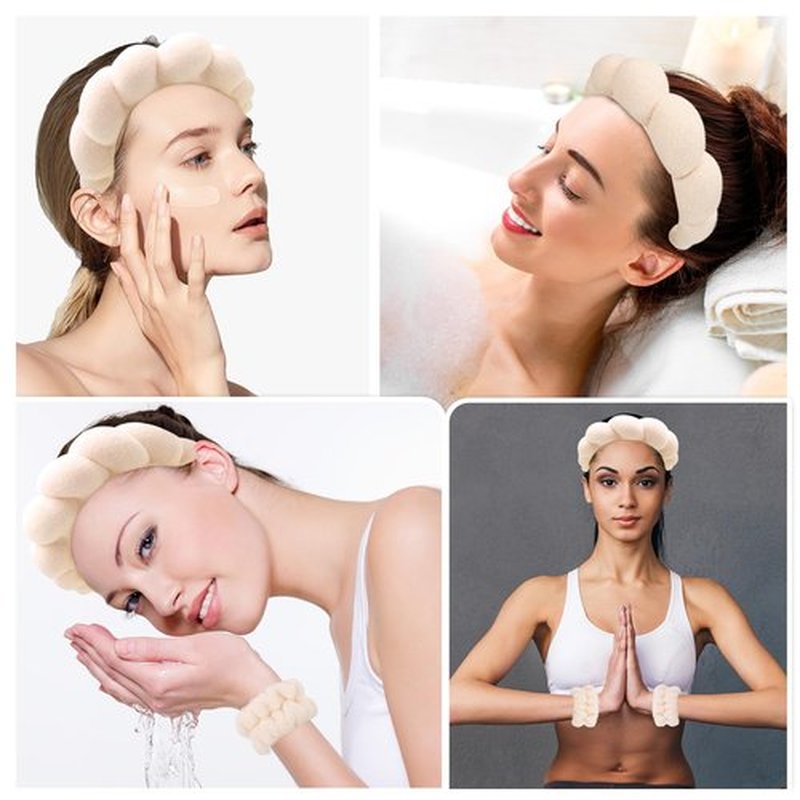 Zkptops Spa Headband for Women Sponge Makeup Skincare Headband Washing Face Wristband Set Terry Cloth Bubble Soft Get Ready Hairband Puffy Padded Headwear Non Slip Thick Hair Accessory (Apricot)