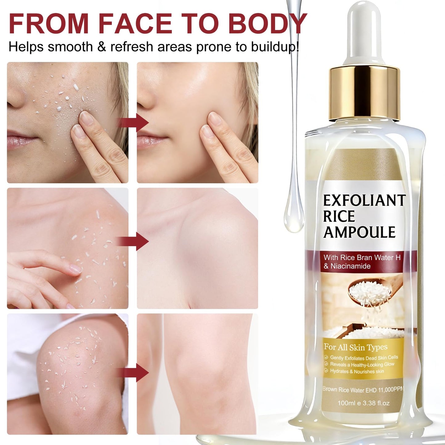 White Rice Exfoliant, White Rice Peeling Glow Ampoule, Peel Shot Glow Exfoliating Face Serum, Korean Skin Care Soft Exfoliating Body Scrub Dead Skin Cells, Blackheads Remover For All Skin Types 100ml