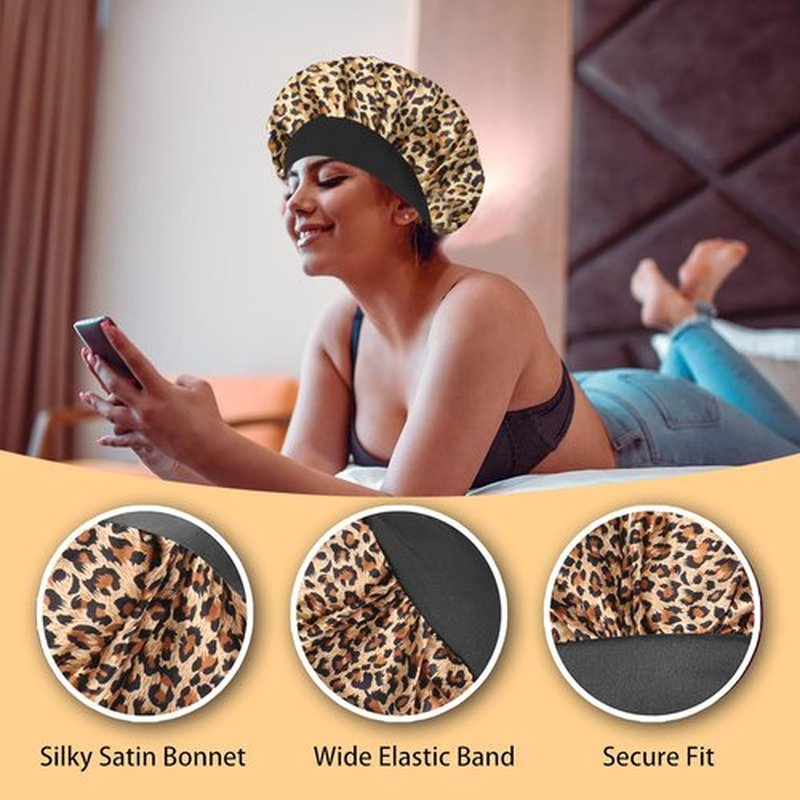 4PCS Silk Hair Bonnet for Sleeping,Hair Wrap Satin Bonnets Shower Cap for Black Women Men, Elastic Wide Band Hair Bonnet Cap for Sleeping Curly Hair(Black & Wine Red & Purple Print & Leopard Pattern)