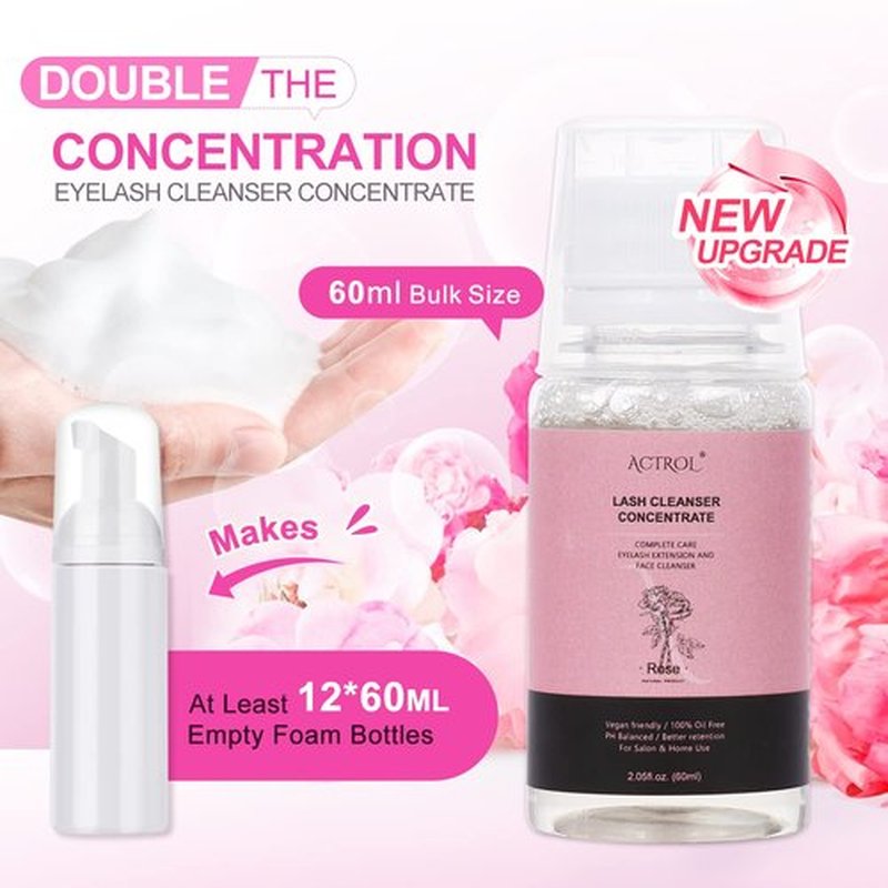 ACTROL Eyelash Cleanser Concentrate 60ml Rose Professional Lash Shampoo Foaming Cleanser DIY Wash for Extensions Lashes with Salon Home Care-Makes 12Bottles