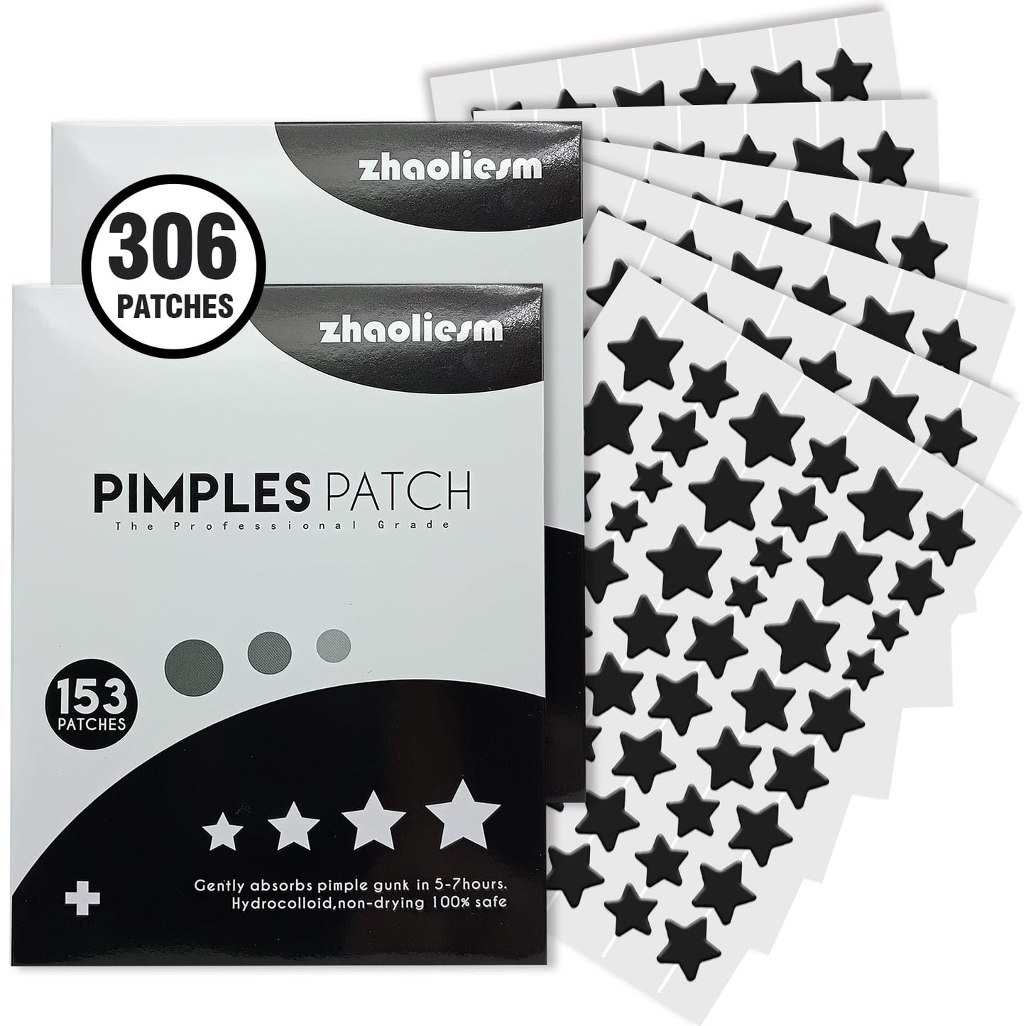 ZHAOLIESM 306 Counts Black Star Pimple Patches for Face, Hydrocolloid Star Acne Patches Refill, Cute Zit Covers for Face, Spot Stickers with Tea Tree, Salicylic Acid and Cica Oil