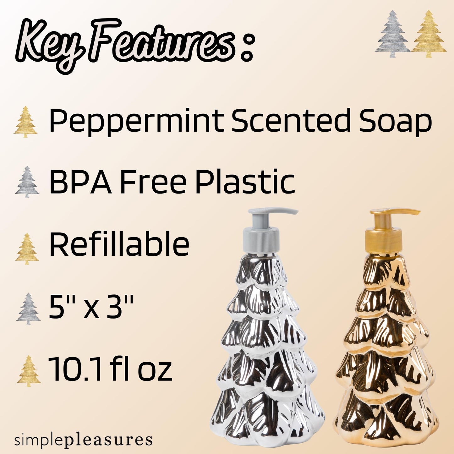 Simple Pleasures Holiday Soap Dispensers – Set of 4 with Scented Liquid Soap - Decorative Refillable Hand Christmas Soap Dispensers for Kitchen and Bathroom 250ML - Traditional Design