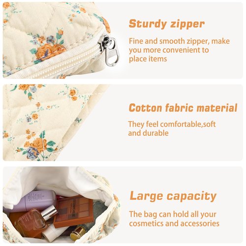 URSKYTOUS 3Pcs Cotton Quilted Makeup Bag for Women Girls Large Small Travel Floral Cosmetic Bags Set Cute Coquette Zipper Makeup Pouch for Purse Aesthetic Cloth Flower Storage Toiletry Bag Organizer
