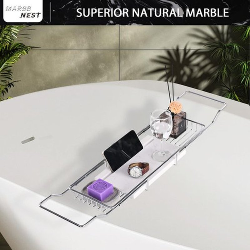 MARBBNEST Bathtub Tray Caddy for Luxury Bath Expandable Extra Wide Bath Tub Tray with Natural Marble Tray and Mobile/Tablet Stand, Ideal for Home Spa Lovers (Chrome + White)