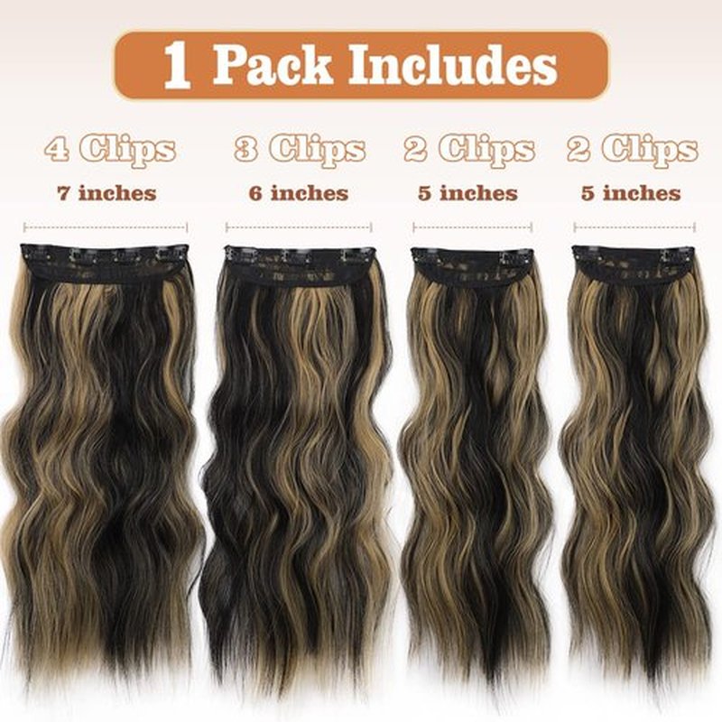 QGZ Clip in Long Wavy Hair Extensions Synthetic 4 PCS Thick Hairpieces for Women 20 Inch Long Fiber Hair Extension for Daily Party Use (Black Brown Mix Blonde)