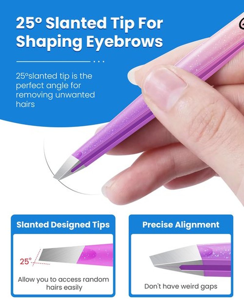 Expert Slant Tip Tweezers with Leather Travel Case, GlamTweeler Sharp & Precision Stainless Steel Tweezer for Eyebrows, Facial Hair and Fine Hairs Removal (Sparkle Violet & Peach)