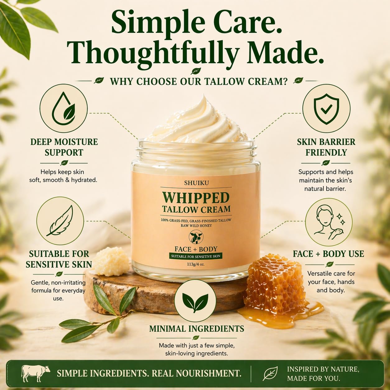 SHUIKU Beef Tallow for Skin – Organic Beef Tallow Balm & Whipped Tallow Moisturizer | Natural Tallow Face & Body Cream, Honey Balm for Nourishing Skincare