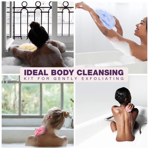 RIUOTA 3 Pieces Exfoliating Washcloth Shower Towel African Net Sponge Japanese Wash Cloth Face Exfoliating Sponge Loofah Exfoliating Body Scrubber for Body Exfoliation (Black,White,Grey)
