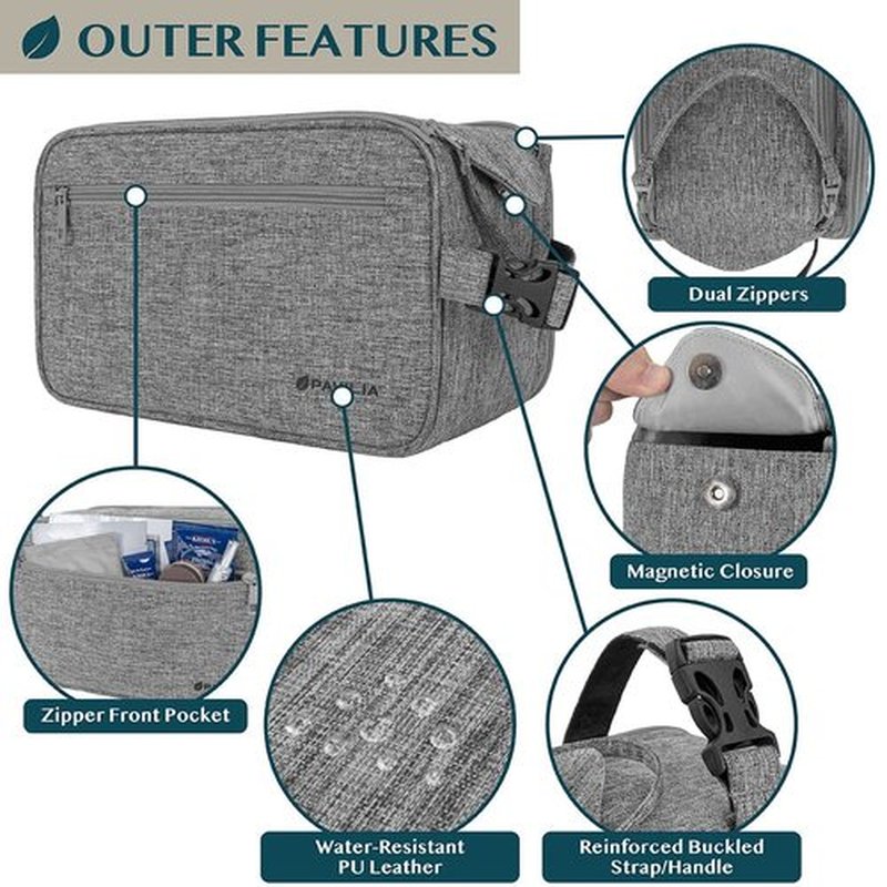PAVILIA Toiletry Bag for Men, Travel Essentials Shaving Dopp Kit, Mens Travel Bag Toiletries Organizer Case for Grooming, PU Leather Water Resistant Cosmetic Bag Pouch (XL, Heather Grey)