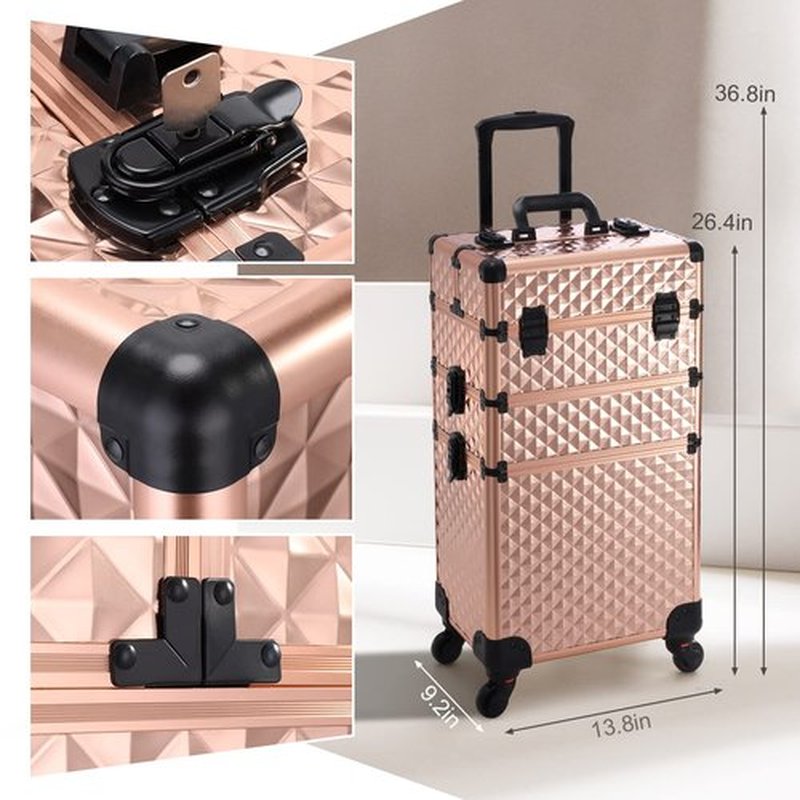 Adazzo 3 in 1 Professional Rolling Makeup Train Case Aluminum Trolley Case with 360° Rotation Wheels for Makuep Artist Cosmetic Suitcase Organizer with Lock and Key Diamond Pattern - Rose Gold