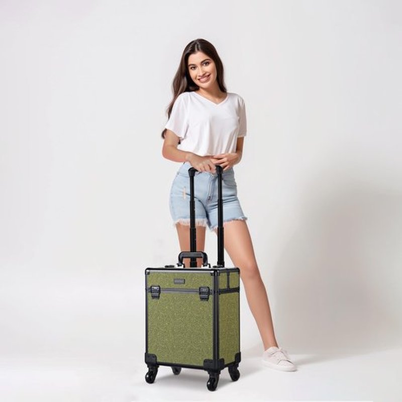 BYOOTIQUE Rolling Makeup Train Case Cosmetic Case Portable Makeup Organizer Suitcase with Removable Wheels Cosmetic Trolley Organizer Makeup Artist Salon, Rococo Moss
