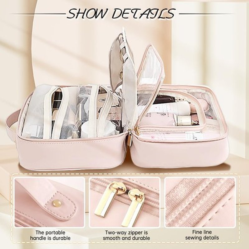 Doblopup Multi Compartment Toiletry Cosmetic Bag, PU Large makeup bag with compartments, Set Patient Multi Compartment Toiletry Cosmetic Bag For Women Girls Travel makeup bag with compartments (Pink)