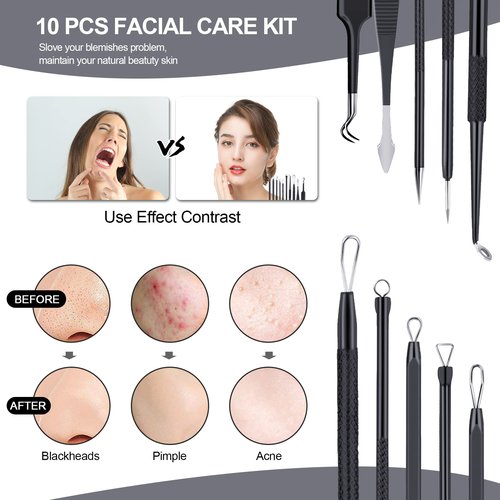 Pimple Popper Tool Kit 10 Pcs, MENOLY Newest Blackhead Remover Pimple Comedone Extractor Tools for Easy and Fast Removal of Blackheads, Pimples and Blemish on Face, with Elaborate Leather Bag