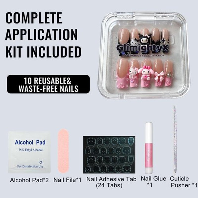 GlimightyX Luxury Cute Kawaii Press on Nails,3D Handmade Pink Black French Tip Long Tapered Square Gel Press on Nails, Reusable Stick on Nails,10 Nails Size S,Sweet Innocence