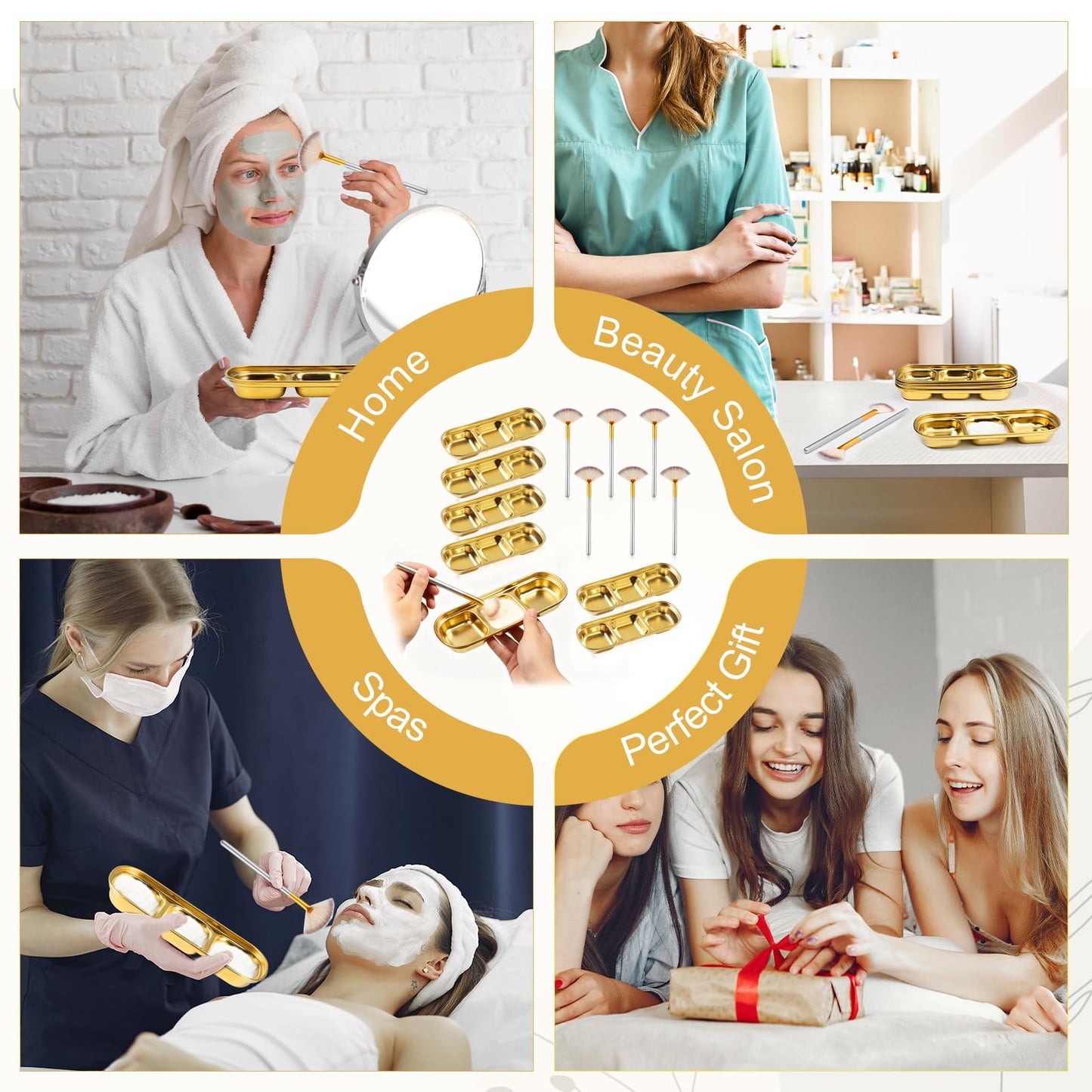 12 Pcs DIY Esthetician Bowls Face Mask Tray Facial Brushes Esthetician Gold Facial Supplies Kit 3 Compartment Stainless Steel Skincare Tray Fan Brushes Esthetician Facial Bowls for Spa Salon Nail