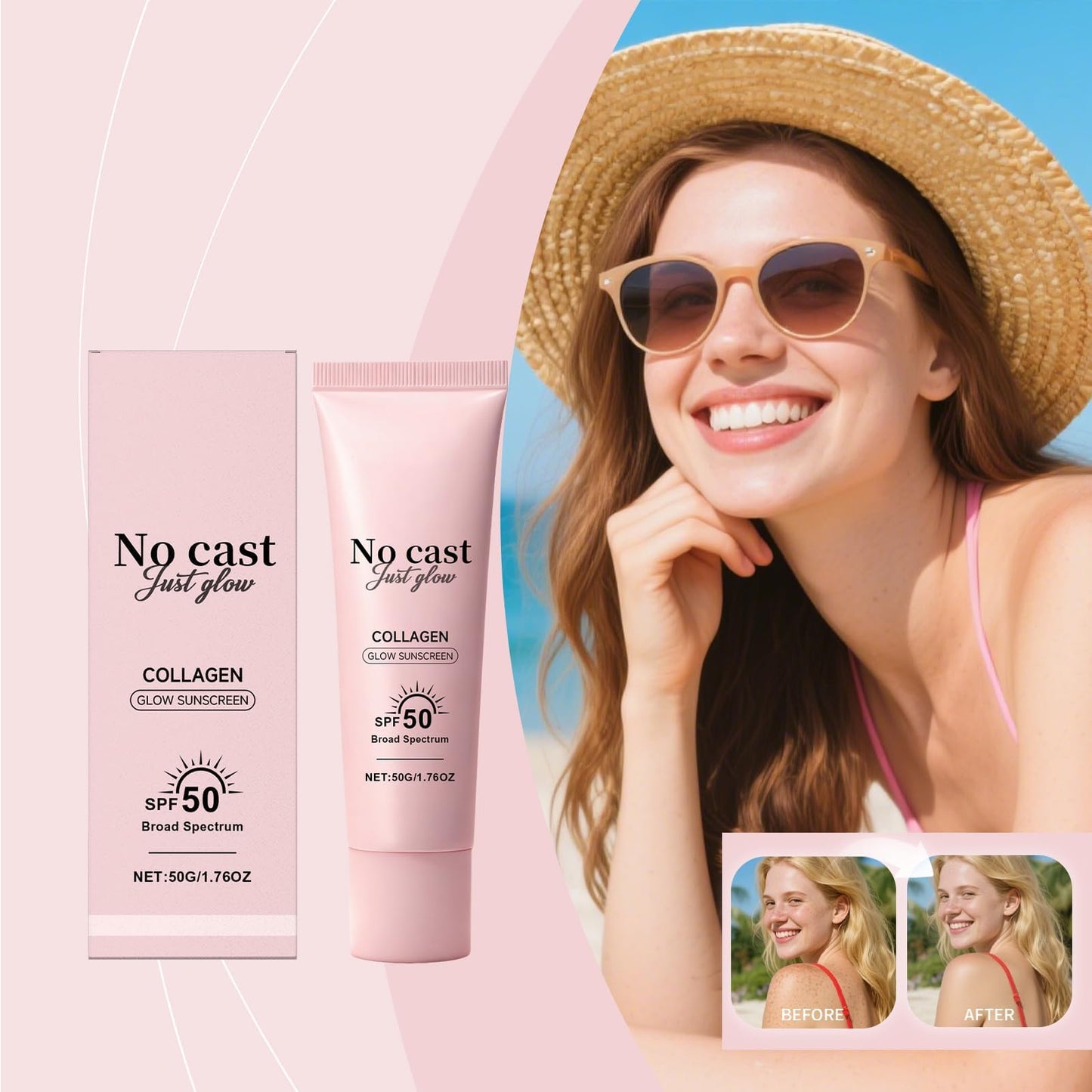 No Cast Just Glow Collagen Sunscreen, SPF 50 PA++++ Face Sunscreen with Peptide and Centella, Lightweight, Non-Sticky, Soothing Natural Sun screen Skincare