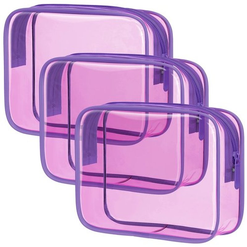 PACKISM TSA Approved Toiletry Bag - 3 Pack Quart-sized Clear Toiletry Bag with Zipper, Clear Makeup Bags Fit Travel Size Toiletries, Carry-on Clear Travel Bags, Light Pinkish Purple