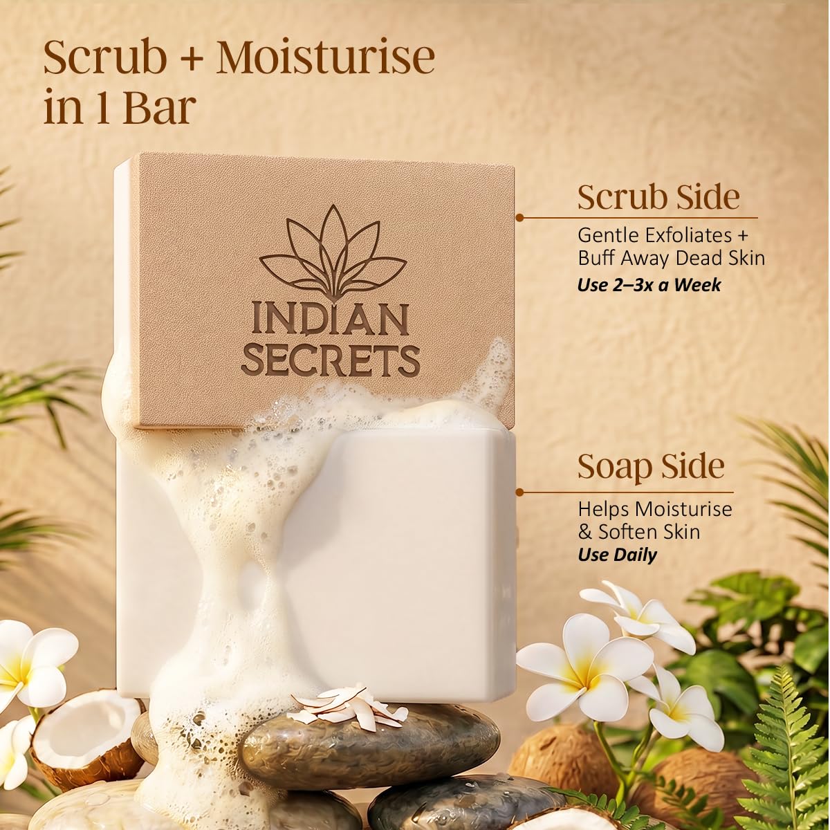 INDIAN SECRETS Scrub Soap with Hyaluronic Acid & Coconut Milk – Moisturizing Body Soap for Soft Skin – Enriched with Niacinamide, Hyaluronic Acid, Coconut Milk 110 g (Pack of 1)